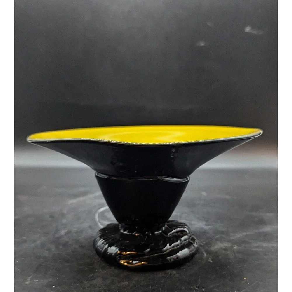 Vintage Bohemian Tango Glass Yellow Black Footed Bowl Compote 6.75